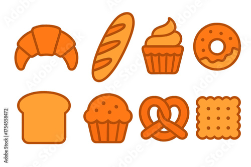 Collection of sweet and savory baked goods icons: bread, pastry, and desserts