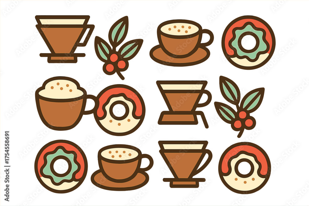 Fototapeta premium Retro flat design coffee shop elements including cups, filters, donuts, and coffee beans