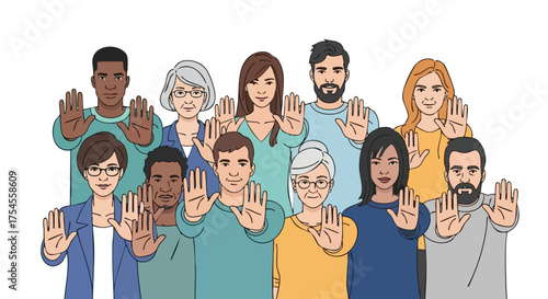 A diverse group of people of various ages, genders, and ethnicities stand together with their hands raised in a stop gesture.