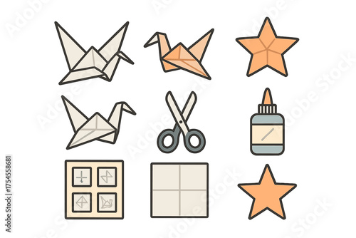 Origami and crafting supplies including paper cranes scissors glue and stars