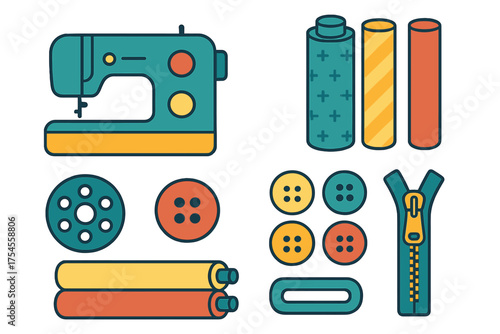 Colorful collection of sewing machine, thread spools, fabric rolls, buttons, and zipper