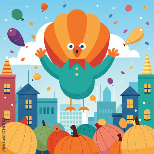 Giant Turkey Balloon Parade Floats Above a City Skyline Surrounded by Pumpkins and Balloons