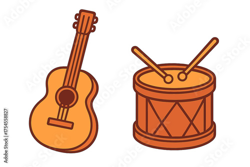 Stylized acoustic guitar and traditional drum musical instruments collection