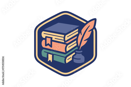 Colorful stack of books with inkwell and quill pen inside a hexagonal emblem