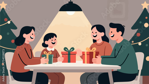 Family Opening Gifts at Christmas Table A Festive Holiday Celebration