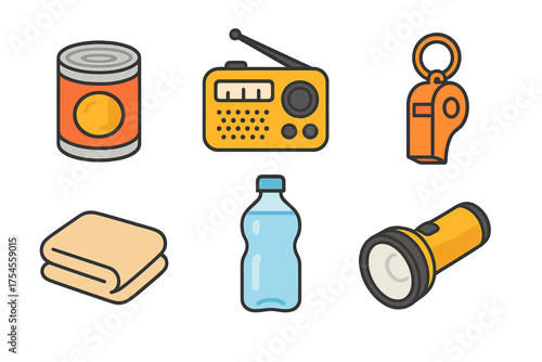 Essential survival gear items: radio, flashlight, canned food, water, whistle, and blanket