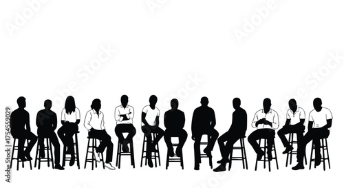 A diverse group of people are seated on stools in a line, depicted as black silhouettes against a white background.