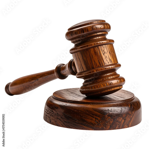 Detailed wooden gavel resting on block, symbolic justice item on transparent background