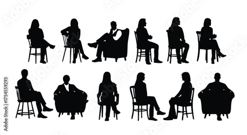Collection of diverse silhouette figures seated in various chairs, showcasing different postures and styles.