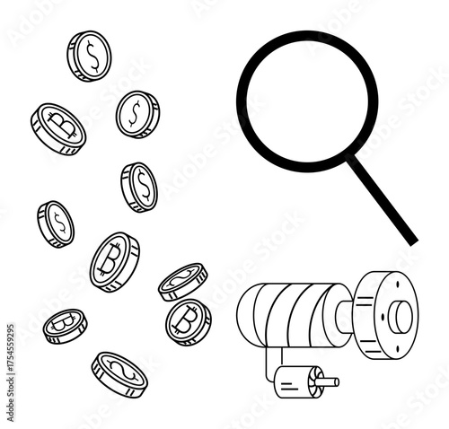 Magnifying glass examining coins with dollar and cryptocurrency symbols alongside surveillance camera. Ideal for finance, technology, blockchain security, investigation, monitoring, research