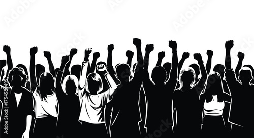 A diverse crowd of people with their fists raised in solidarity and protest against a white background.