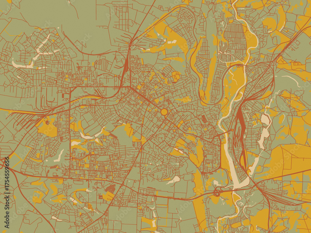 Obraz premium Decorative flat city map of Poltava, Ukraine using olive backdrop with warm rust street network and ochre blocks.