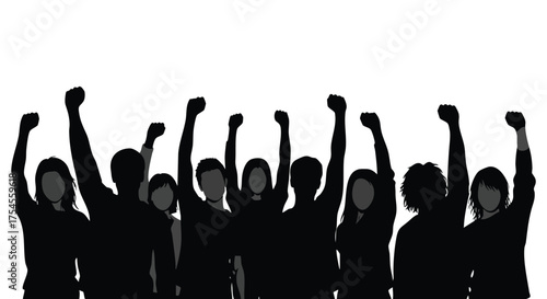A diverse group of people silhouetted against a white background, raising their fists in the air in a gesture of solidarity and protest.