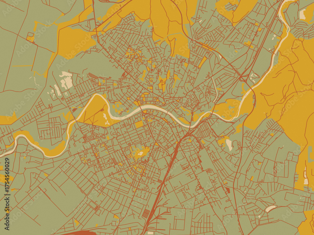 Obraz premium Graphic flat color map of Uzhgorod, Ukraine in sage/olive tone field with rust networks and ochre shapes, cream water.