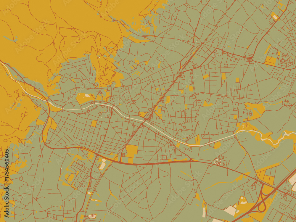 Obraz premium Contemporary flat map of Baden bei Wien, Austria design with sage/olive tone field with rust networks and ochre shapes, cream water.