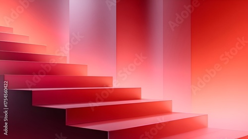 Abstract red staircase leading into a gradient-lit space, creating a sense of depth and perspective