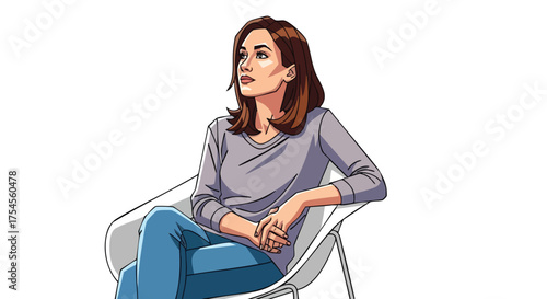 A young woman with brown hair, wearing a grey long-sleeved shirt and blue jeans, sits thoughtfully in a modern white chair, looking off to the side.