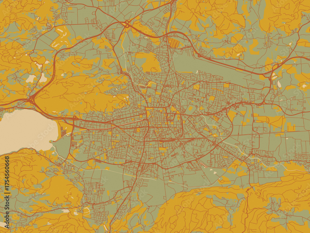 Naklejka premium Poster-ready flat map of Klagenfurt, Austria, olive backdrop with warm rust street network and ochre blocks.