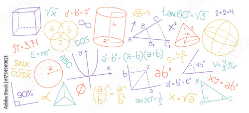 Vibrant colorful hand drawn math symbols, formulas and geometric shapes simple learning graphics