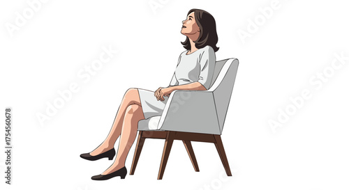 A woman in a white dress sits in a modern armchair, looking upwards with her hands clasped.