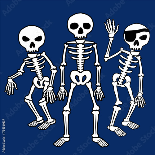 Funny skeleton characters waving and dancing on dark background