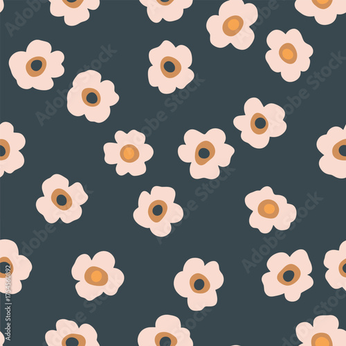A delightful pattern of small cream colored flowers with orange centers scattered across a dark gray background.