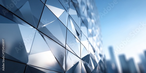 Modern Skyscraper Facade with Geometric Glass Panels and City Background