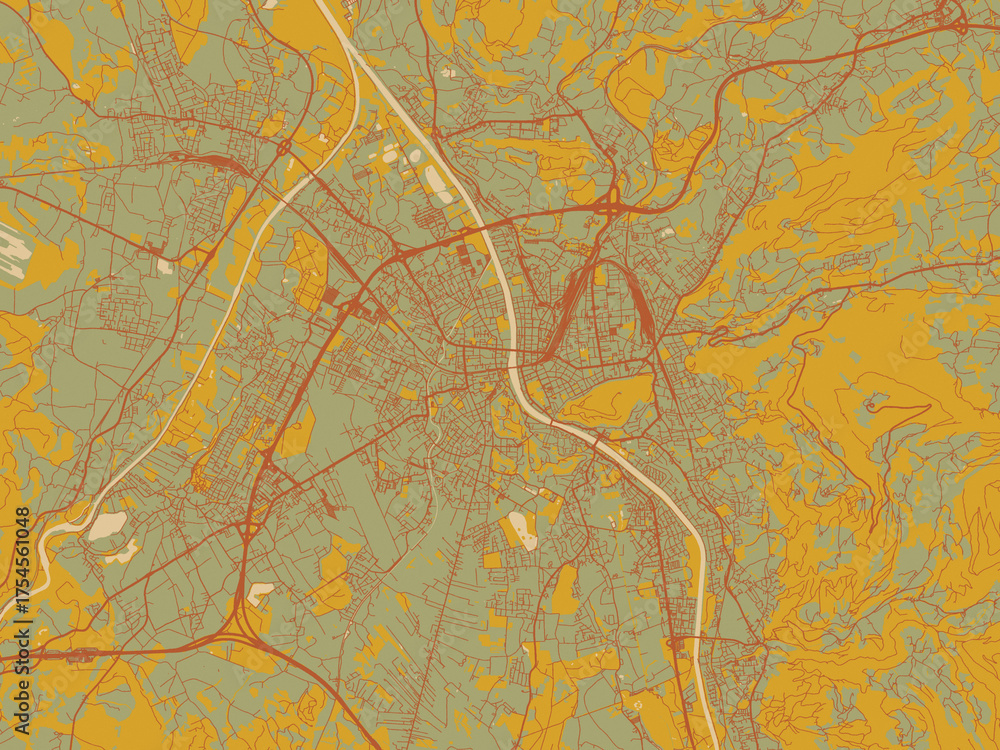 Obraz premium Decorative flat city map of Salzburg, Austria using olive backdrop with warm rust street network and ochre blocks.