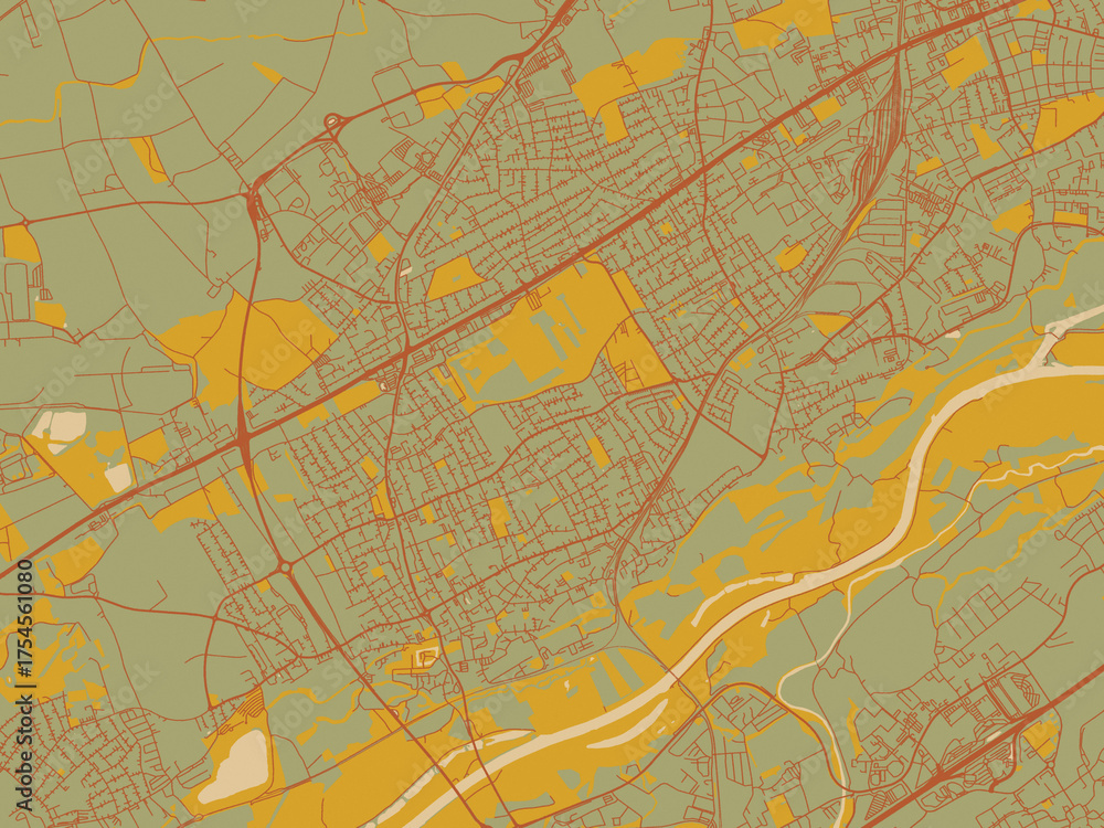 Fototapeta premium Minimalist flat city map of Traun, Austria with olive backdrop with warm rust street network and ochre blocks.