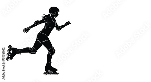 Silhouette of a woman in full protective gear skating on rollerblades with a determined stride.