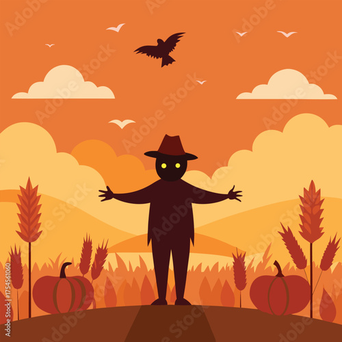 Creepy Scarecrow Stands Guard Over Autumn Harvest Fields Under Orange Sky