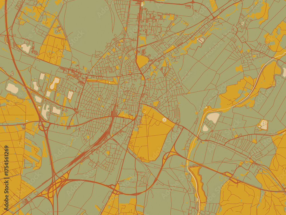 Obraz premium Vector-style flat map of Wiener Neustadt, Austria with earthy sage background with rust roadways and ochre details.