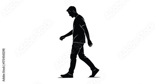 Silhouette of a man walking with his head down, captured in a stark black and white illustration against a plain white background.