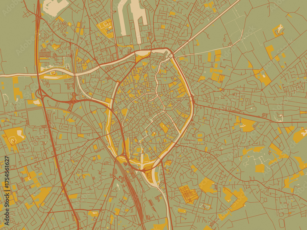 Obraz premium Flat painterly map of Brugge, Belgium in sage green ground with rust-red roads and ochre accents.