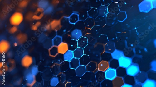 Abstract hexagonal patterns in vibrant blue and orange tones, creating a dynamic digital background