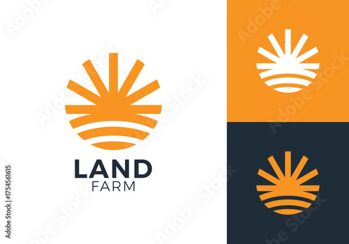 land farm with sun logo. creative agriculture symbol vector design	

