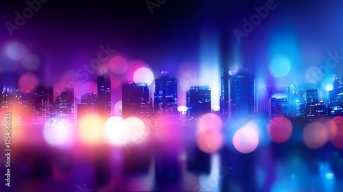 Vibrant city skyline at night with colorful bokeh lights reflecting on water, creating a lively atmosphere