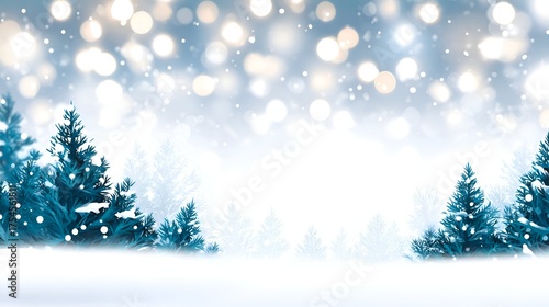 Serene winter landscape featuring snow-covered trees and soft falling snowflakes in a tranquil setting