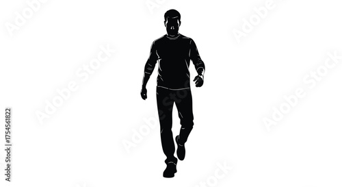 Silhouette of a man walking forward against a white background, showcasing a casual outfit.