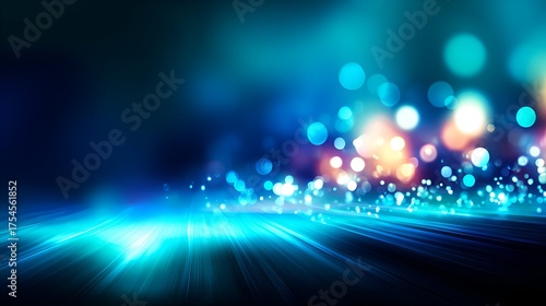 Vibrant abstract background with glowing blue and colorful bokeh lights, creating a dreamy atmosphere