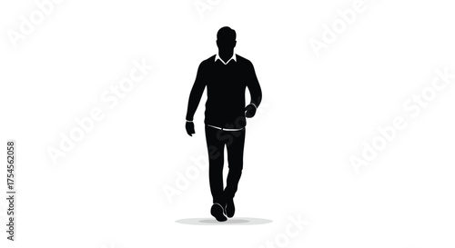 Silhouette of a man walking confidently in casual attire against a white background.