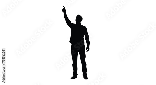 Silhouette of a man pointing upwards with his index finger, isolated on a white background.