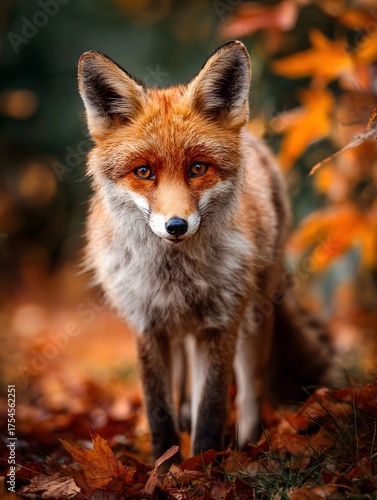 A clever fox with a bushy tail and inquisitive eyes explores a vibrant autumn woodland carpeted with colorful falling leaves