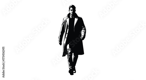A striking black and white silhouette of a man in a trench coat walking forward with determination.