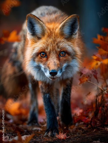 A clever fox with bright eyes and a bushy tail pauses in a rustic autumn forest surrounded by colorful falling leaves