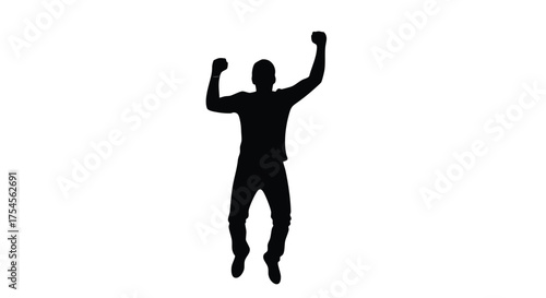 Silhouette of a person jumping with arms raised in celebration against a white background.
