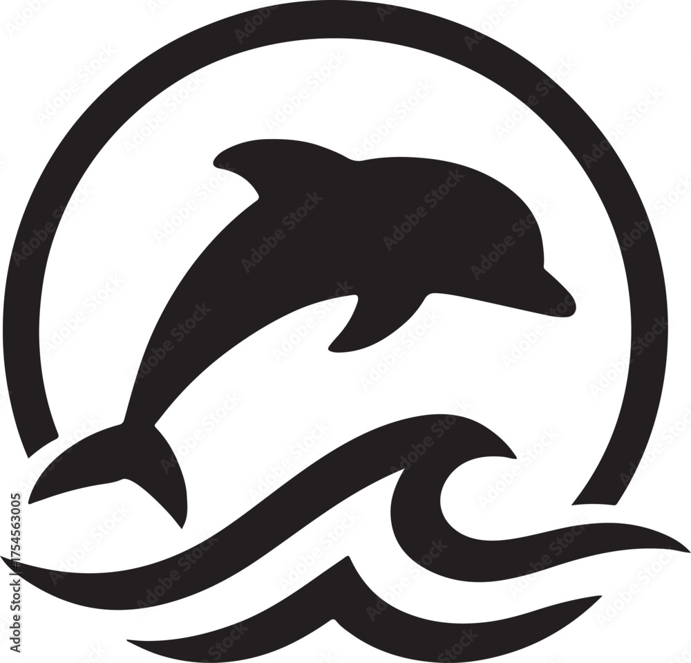 Fototapeta premium Silhouette dolphin leaping over ocean waves beneath a stylized sun arc vector icon.