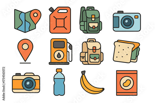 Colorful essential items for travel, tourism, camping, and road trips including map, fuel, and food