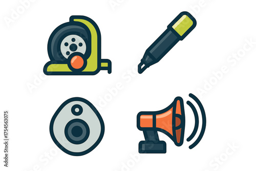 Set of four colorful icons: measuring tape, marker pen, audio speaker, and megaphone symbols