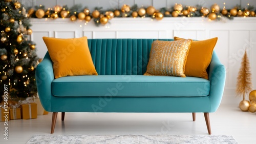 Stylish turquoise sofa with yellow pillows and golden Christmas decorations in bright festive living room